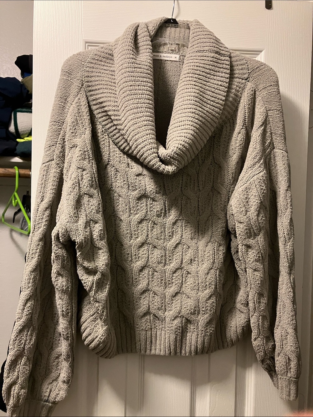 moon & madison Cable-Knit Cowl Neck Sweater - Light Olive Green